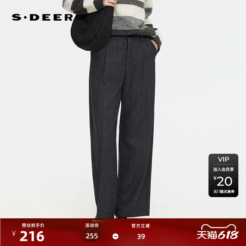 sdeer圣迪奥女装25年新品OL风高腰插袋直筒毛呢长裤S253Z0812