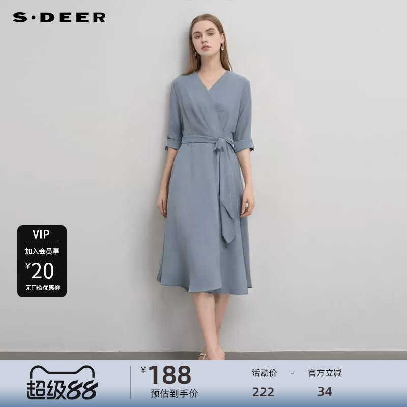 sdeer圣迪奥女装秋V领压褶收腰不规则雪纺连衣裙S233Z12