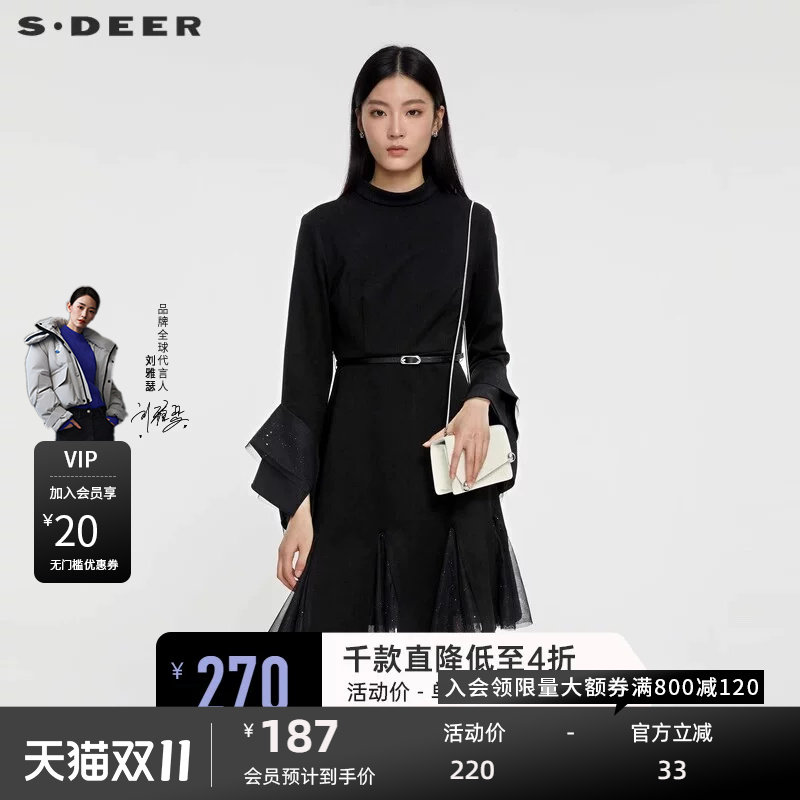 sdeer圣迪奥女装秋圆领收腰网纱喇叭袖连衣裙S231Z1214