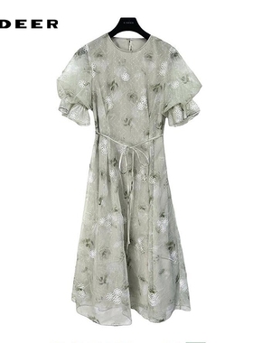 sdeer圣迪奥女装圆领绣花收腰网纱泡泡袖连衣裙S242Z1278