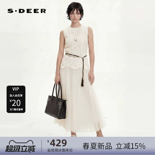 sdeer圣迪奥女装26年田园圆领盘花网纱拼接无袖连衣裙S262Z1243