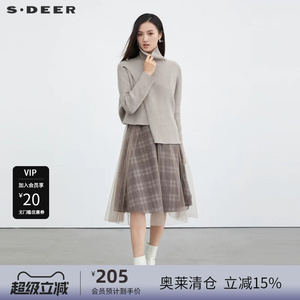 sdeer圣迪奥女装高领格纹网纱针织两件连衣裙S223Z1446