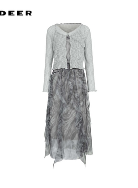 sdeer圣迪奥女装优雅晕染网纱针织衫吊带裙套装S242Z1401