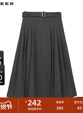 sdeer圣迪奥女装复古高腰系带百褶毛呢A字伞裙S234Z1104
