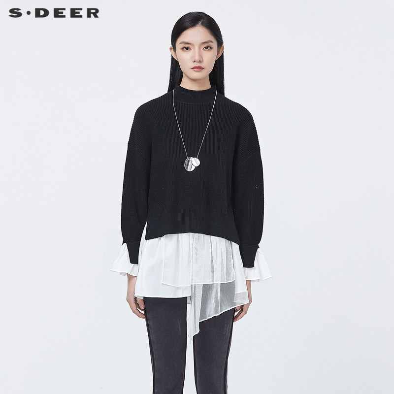 sdeer圣迪奥女装秋高领荷叶边拼接两件针织衫S22183507,女装/女士精品,毛针织衫,淘宝优惠券,粉丝福利购,淘宝优惠卷
