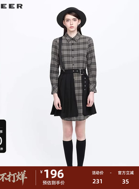 S·DEER圣迪奥女装秋学院风翻领格纹百褶拼接衬衫连衣裙S21381201