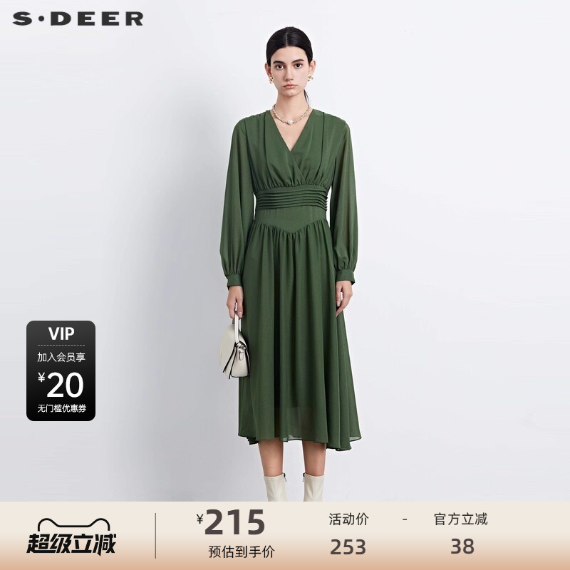 s.deer压褶垂坠雪纺长袖连衣裙