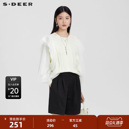 sdeer圣迪奥女装秋罗纹圆领钩花灯笼袖针织衫S231Z3518