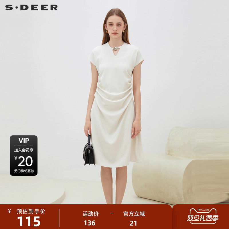 V领连衣裙 压褶缎面 简约OL风