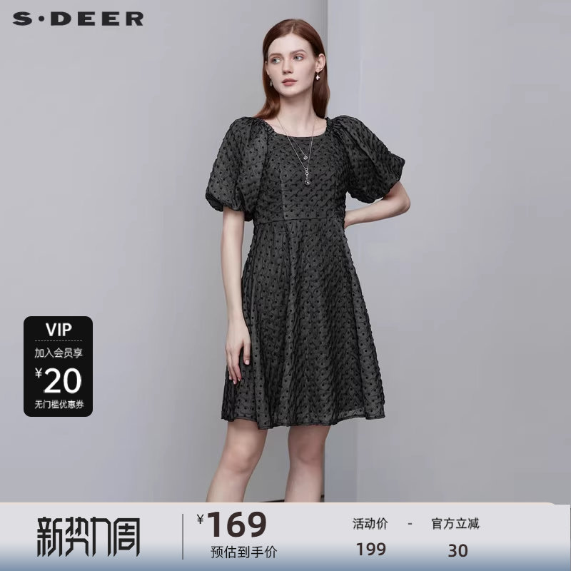 sdeer圣迪奥女装方领波点不规则泡泡袖连衣裙S222Z12T6