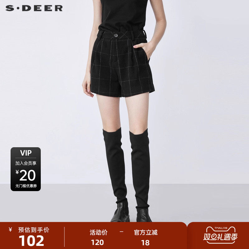 S·DEER圣迪奥女装冬季复古休闲撞色格纹A字毛呢短裤S2148