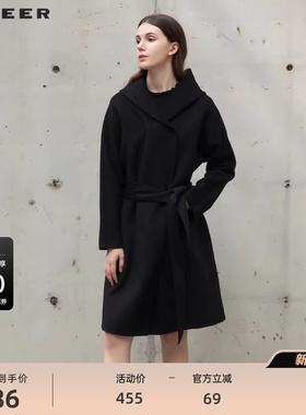 【反季清仓】sdeer圣迪奥连帽收腰黑色长款毛呢大衣S21461831