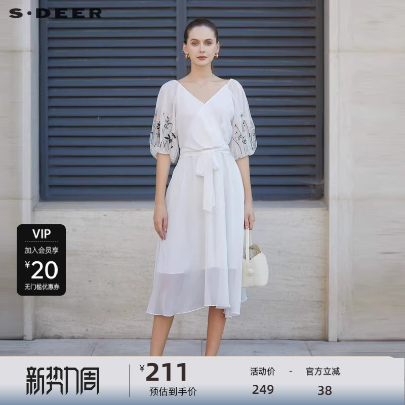 sdeer圣迪奥女装V领绣花网纱泡泡袖连衣裙S232Z12EM
