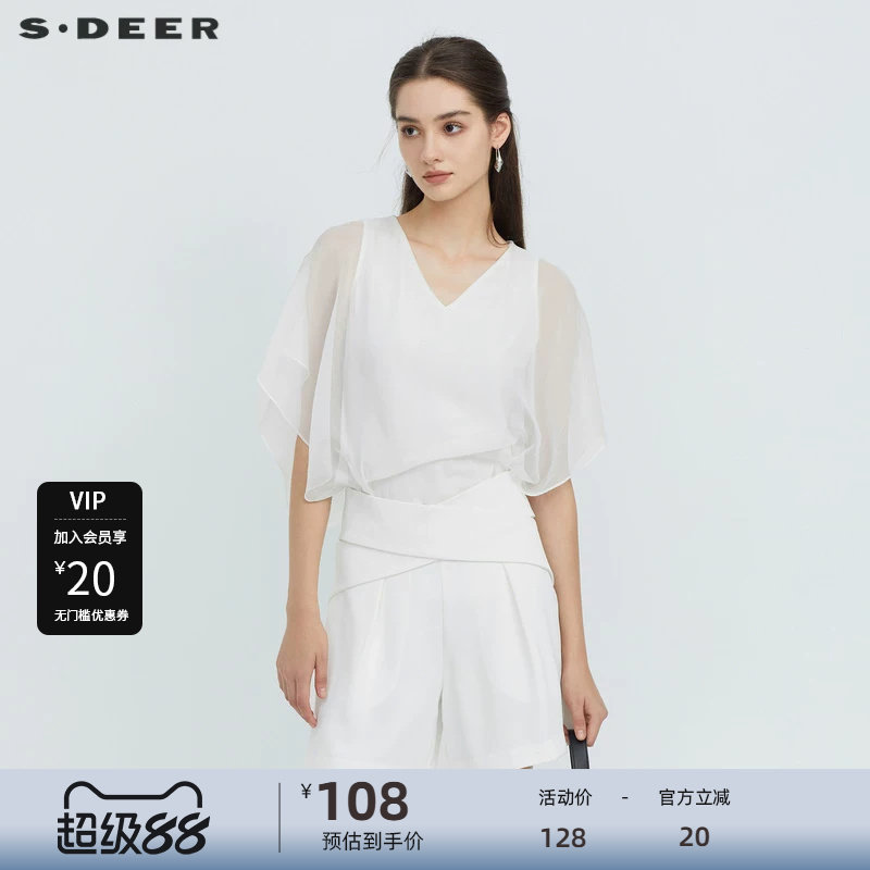 sdeer圣迪奥女装V领雪纺拼接不规则短袖T恤S223Z0115