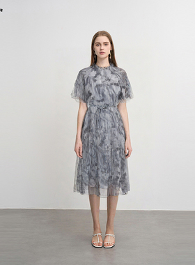 sdeer圣迪奥女装木耳边圆领晕染收腰网纱连衣裙S242Z1248