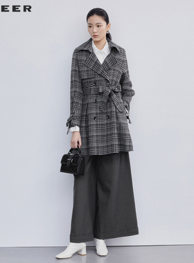 sdeer圣迪奥女装翻领收腰格纹毛呢大衣S224Z2505
