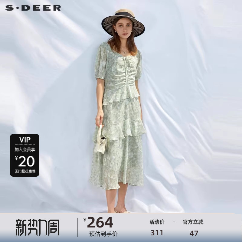 sdeer圣迪奥女装甜美圆领印花泡泡袖蛋糕裙S232Z12Z1