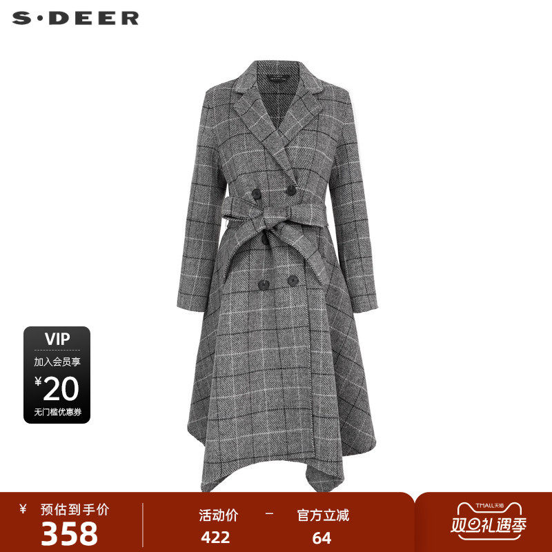 sdeer圣迪奥女装西装领格纹收腰毛呢长款大衣S22482513