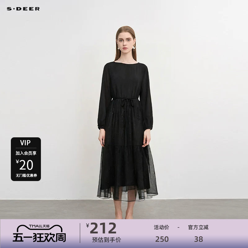 sdeer圣迪奥女装秋复古圆领收腰网纱肌理连衣裙S243Z1272