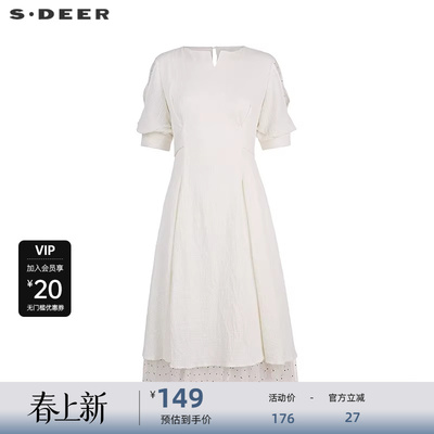 sdeer圣迪奥女装V领网纱拼接短袖连衣裙S223Z122W