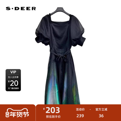 sdeer圣迪奥女装方领收腰晕染网纱泡泡袖连衣裙S233Z1233