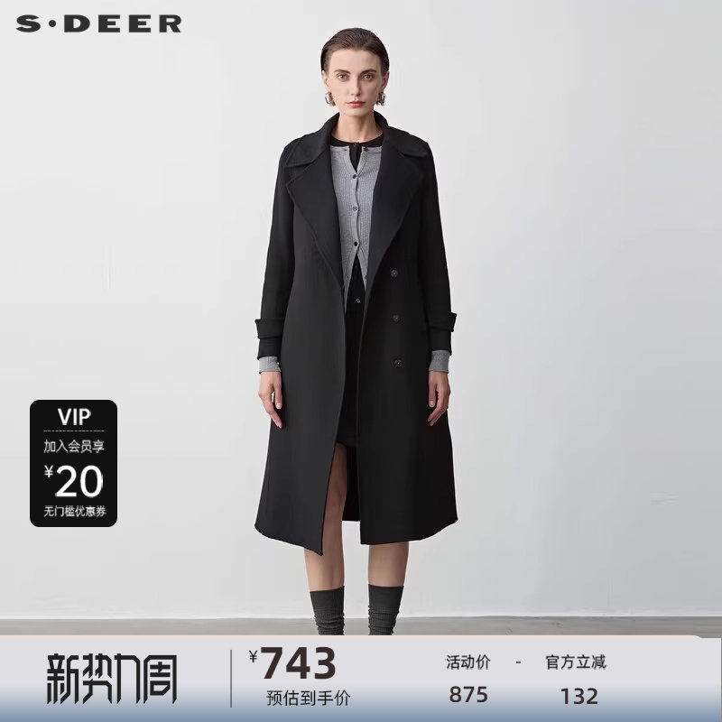 sdeer圣迪奥女装休闲西装领收腰长款双面呢大衣S2348250