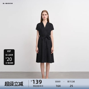 sdeer圣迪奥女装 连衣裙S223Z12T9 OL风V领收腰垂坠短袖