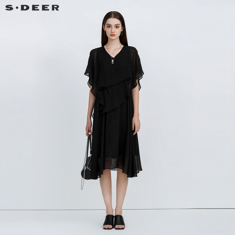 sdeer圣迪奥女装V领露肩雪纺拼接短袖连衣裙S223Z12U9