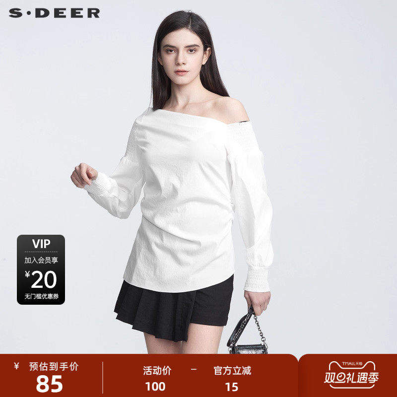 sdeer圣迪奥秋优雅一字领不规则松紧拼接衬衫S21180502