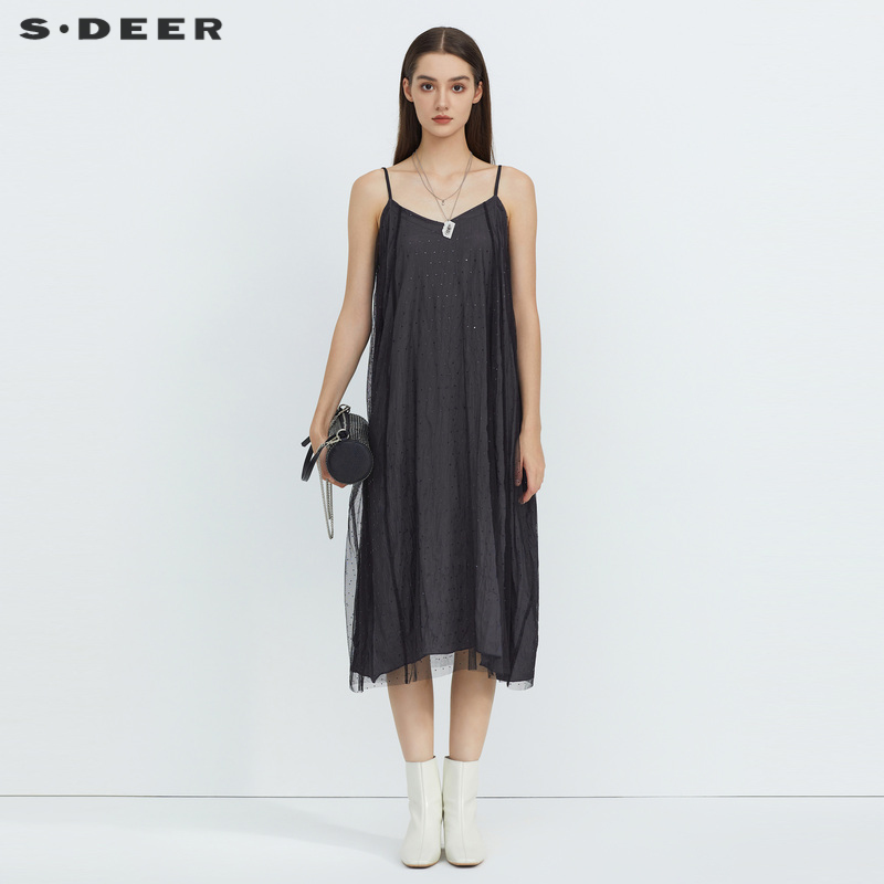 s.deer星空裙网纱波点吊带连衣裙