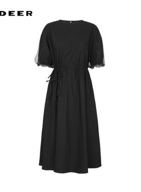 sdeer圣迪奥女装圆领碎褶收腰网纱短袖连衣裙S242Z1271