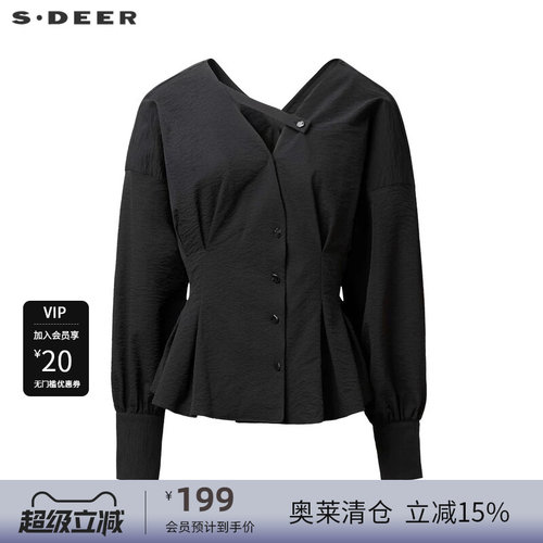 s.deer复古V领压褶泡泡袖衬衫