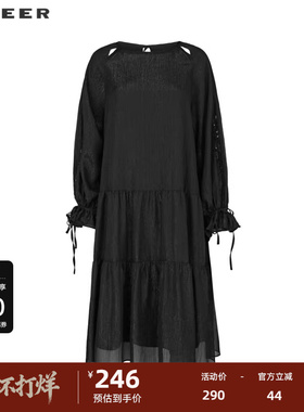 sdeer圣迪奥女装圆领露肩蕾丝绣花长袖连衣裙S242Z1207