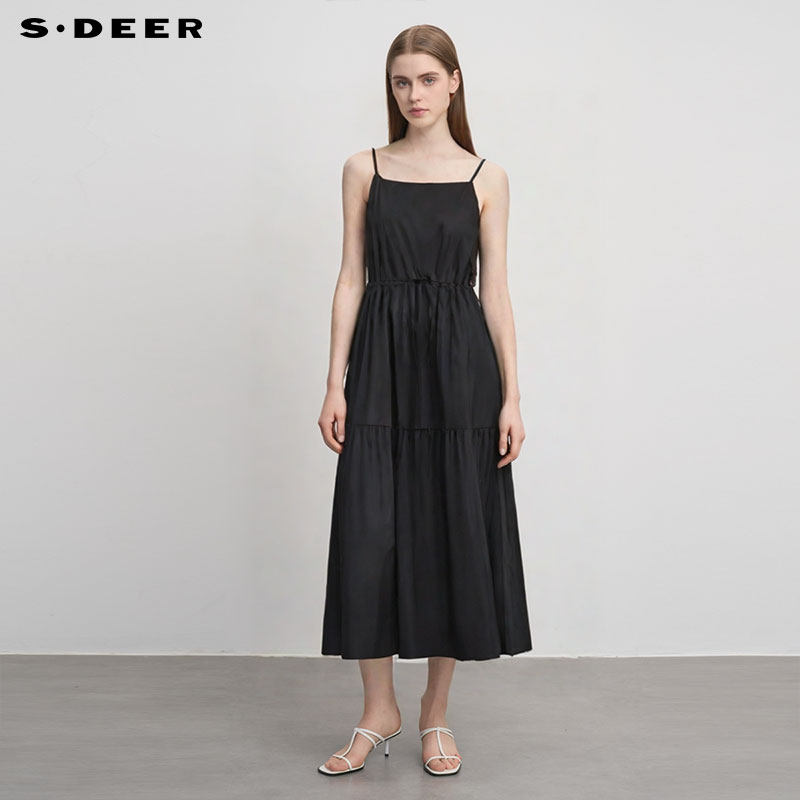sdeer圣迪奥女装秋甜美收腰碎褶宽松吊带连衣裙S243Z12B