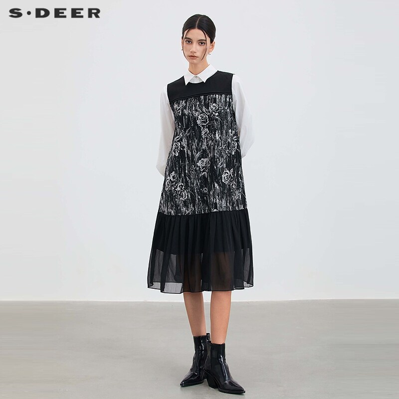 sdeer圣迪奥女装25年新品复古圆领提花不规则无袖连衣裙S253Z1230