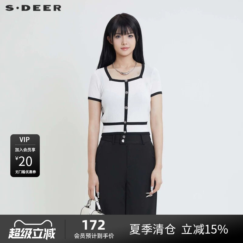 s.deer小香风撞色短袖针织衫图片
