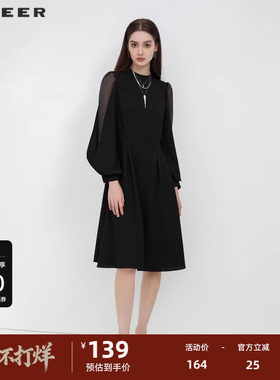 sdeer圣迪奥女装圆领网纱黑色泡泡袖连衣裙S223Z125X