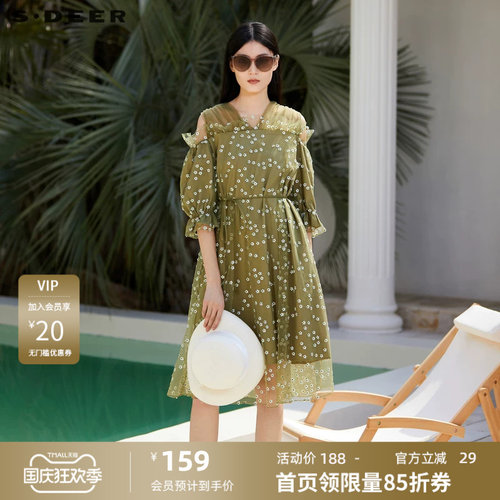 s.deer网纱露肩复古连衣裙