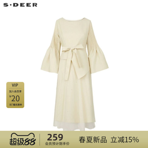 s.deer压褶网纱喇叭袖连衣裙