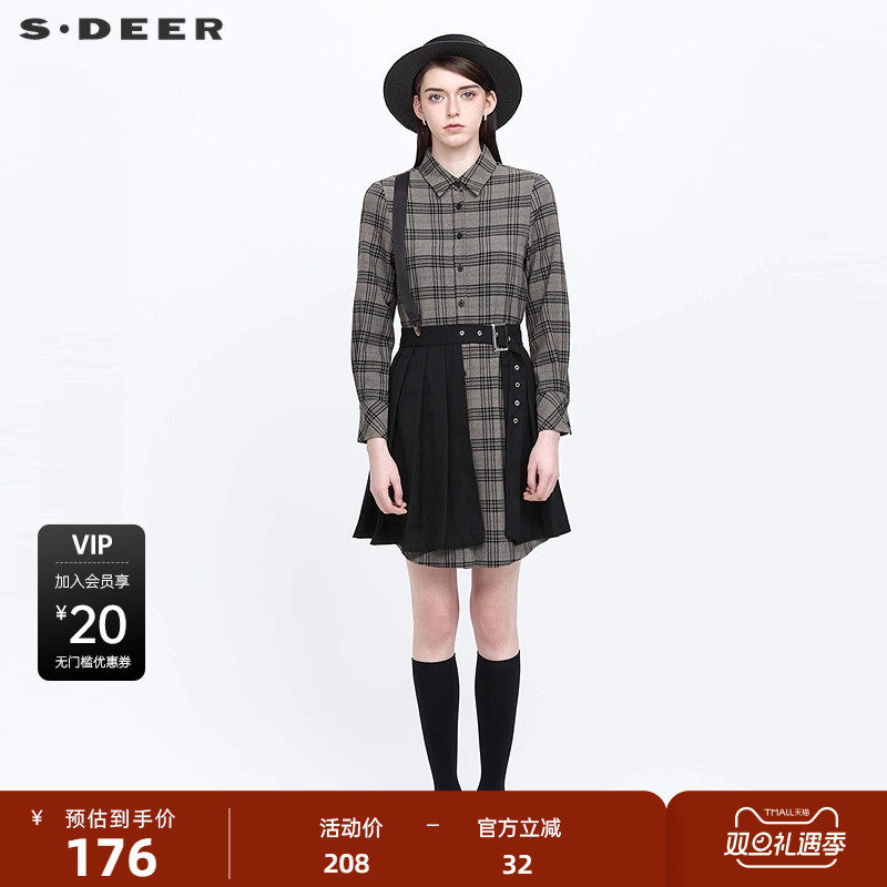 S·DEER圣迪奥女装秋学院风翻领格纹百褶拼接衬衫连衣裙S213