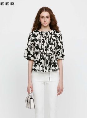 【波嬉系】sdeer圣迪奥圆领风琴褶印花宽松短袖衬衫S242Z0409