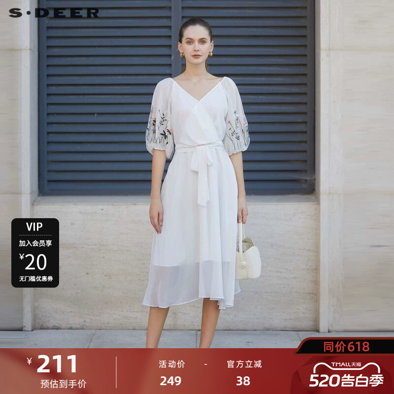 sdeer圣迪奥女装V领绣花网纱泡泡袖连衣裙S232Z12EM