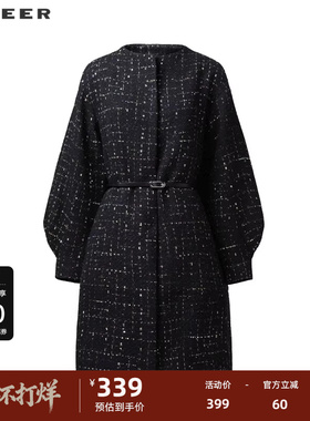 sdeer圣迪奥女装圆领格纹收腰呢子长款大衣S224Z2595
