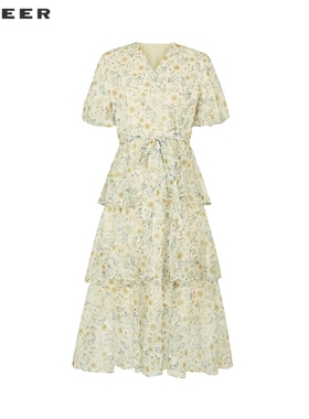 【可露丽系】sdeer圣迪奥V领碎花收腰网纱泡泡袖连衣裙S242Z1236