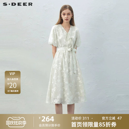 s.deer绣花泡泡袖新中式连衣裙