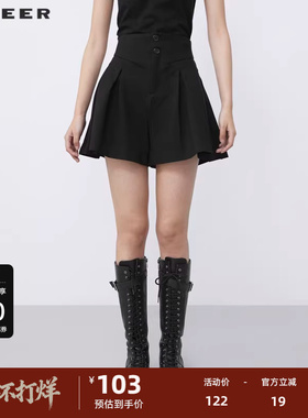 S·DEER圣迪奥女装时尚高腰压褶不规则黑色A字短裤S21480918