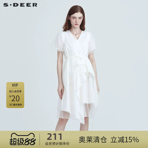 V领连衣裙  肌理蕾丝  网纱拼接