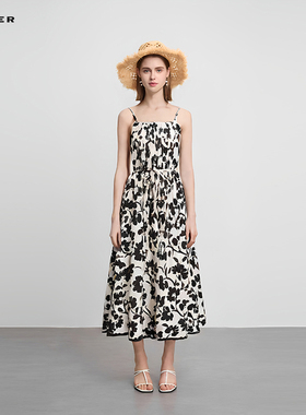 【波嬉系】sdeer圣迪奥优雅风琴褶印花收腰吊带连衣裙S242Z1281