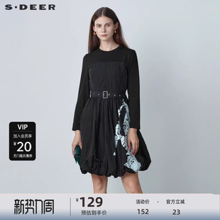 sdeer圣迪奥女装 秋圆领收腰撞色印花连衣裙S221Z1218