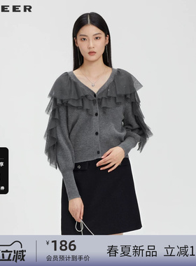 sdeer圣迪奥女装秋慵懒V领网纱灯笼袖开衫针织衫S231Z3504
